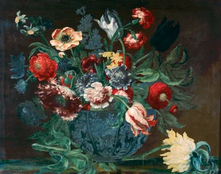 Becken aus chinesischem Porzellan mit einem Blumenstrauß